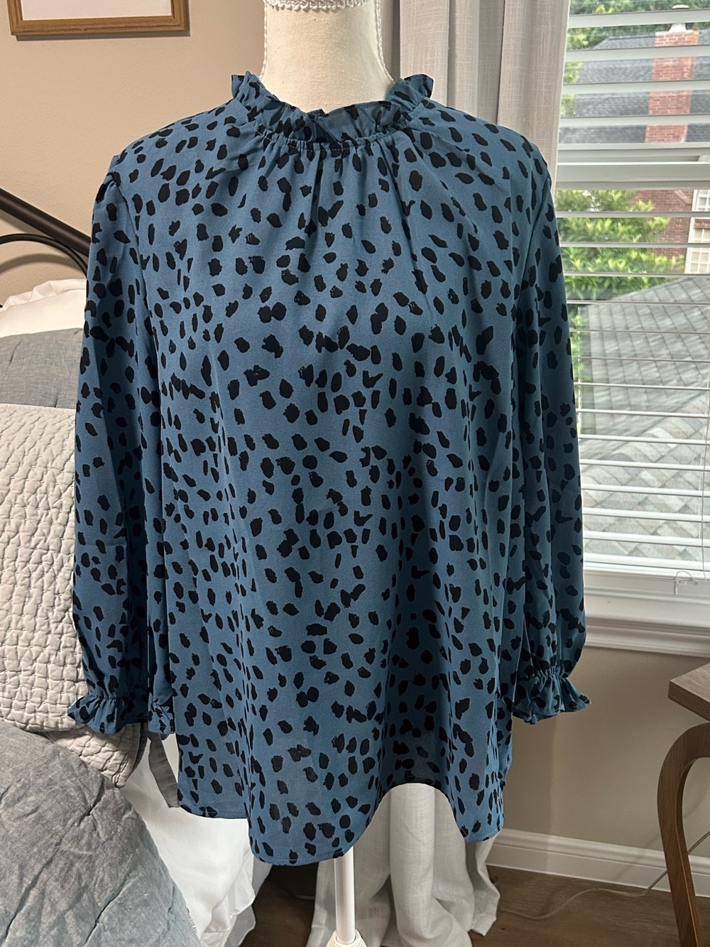Blue Leopard-Print Ruffle Neck Blouse - Women's Top